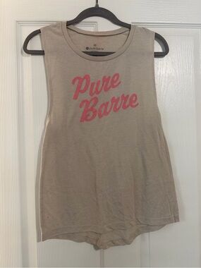 Pure Barre Taupe Muscle Tee with Pink Script Logo